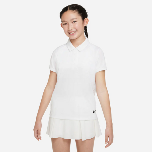 Nike Dri Fit Victory Short Sleeve Girls Golf Polo White